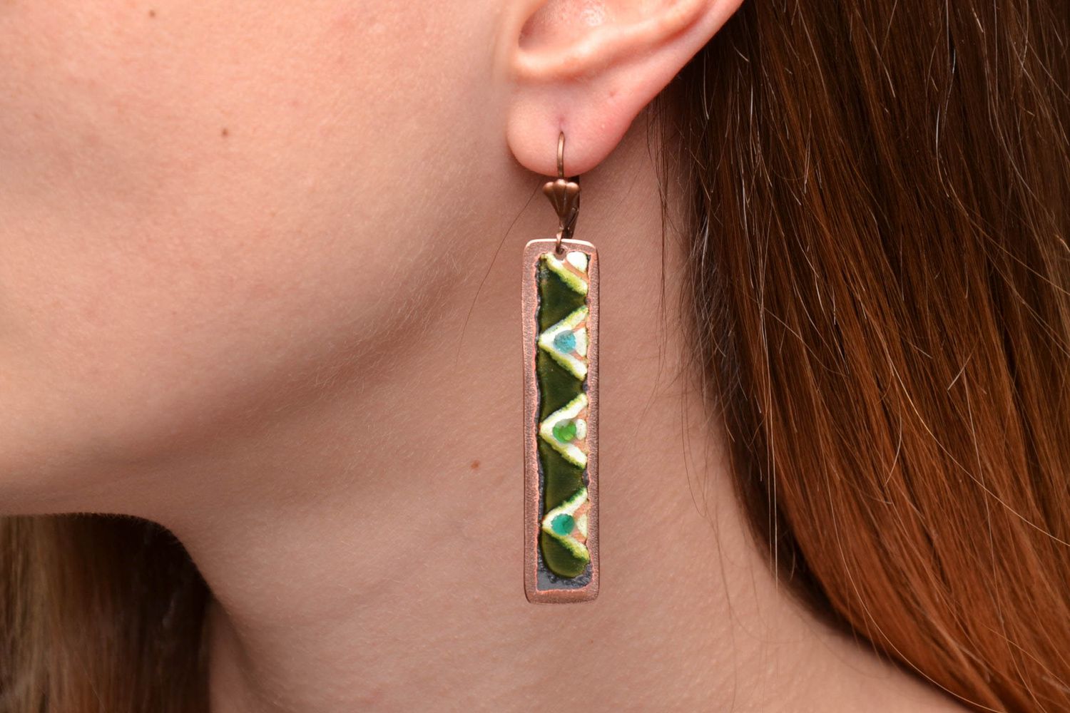 Long rectangular copper earrings with ornament made with enamels photo 2