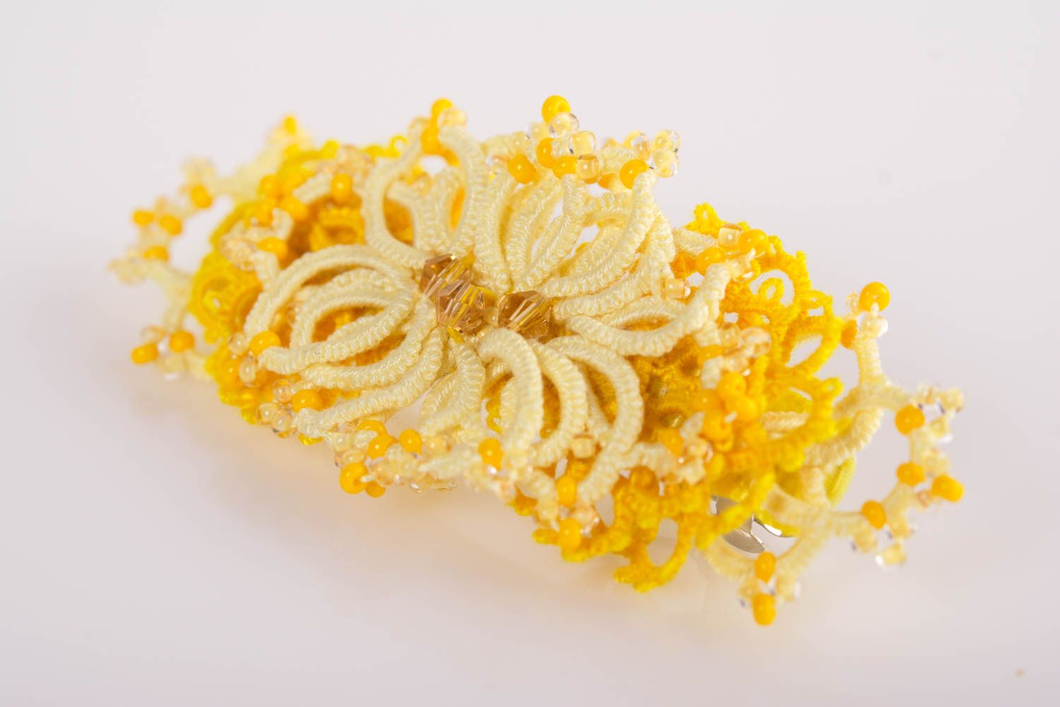 Handmade Haarspange in Gelb Occhi Technik mit Glasperlen ajour Schmuck  foto 3