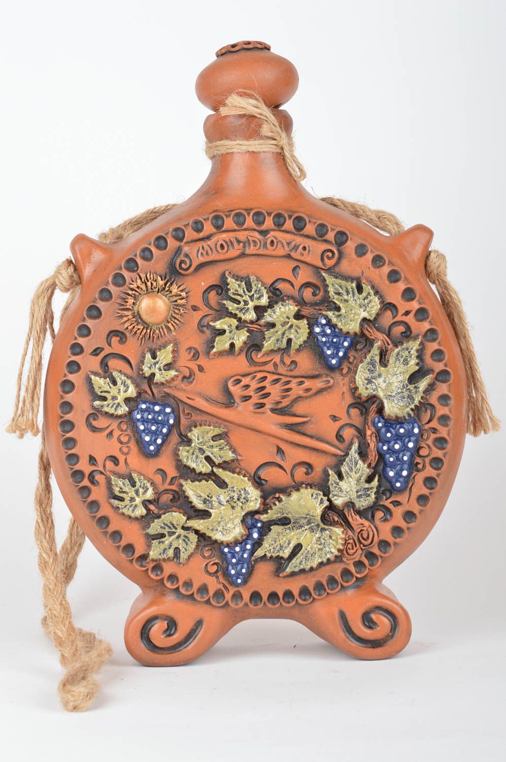 Handmade unusual ceramic painted decanter flat bottle with glaze Stork photo 2