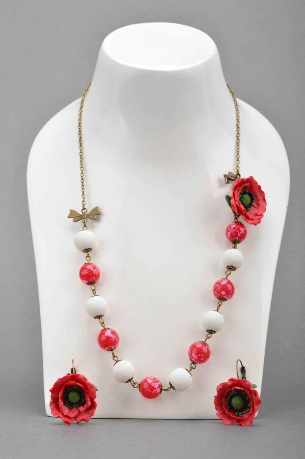 Handmade floral polymer clay jewelry set earrings and necklace with red poppies photo 3