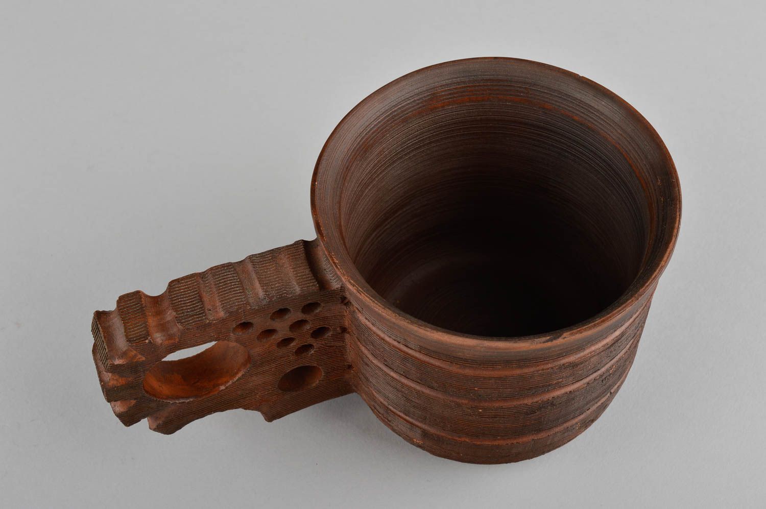 Art clay cup in brown color with cogwheels' shape handle photo 3