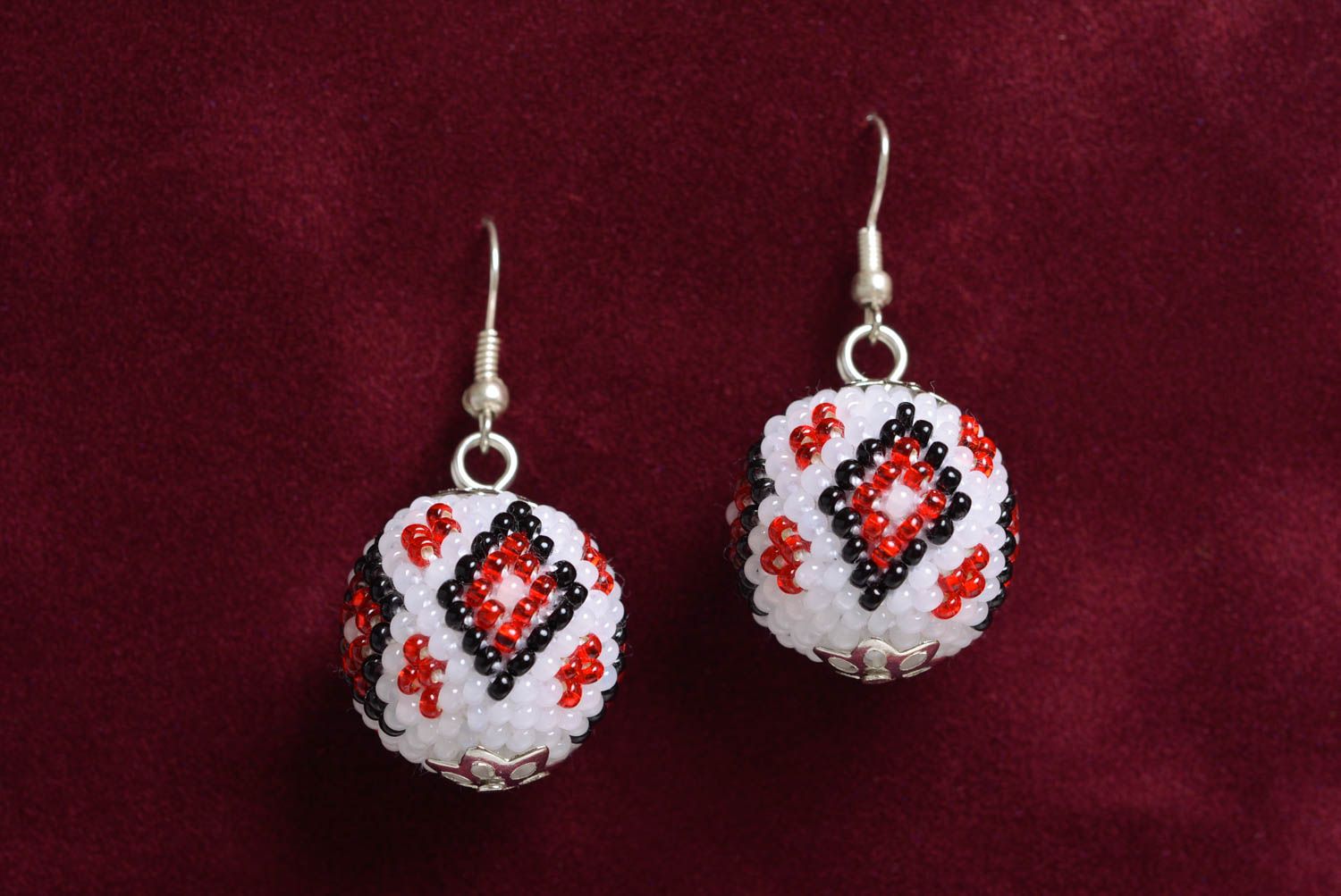 Beautiful handmade white beaded ball earrings with ornament in ethnic style photo 1