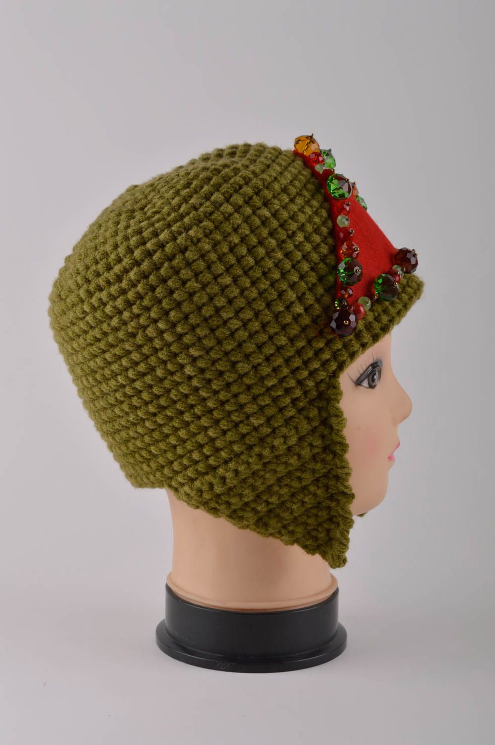 Зимняя шапка ручной работы вязаная шапка с ушками вязаная шапка зеленая модная фото 4