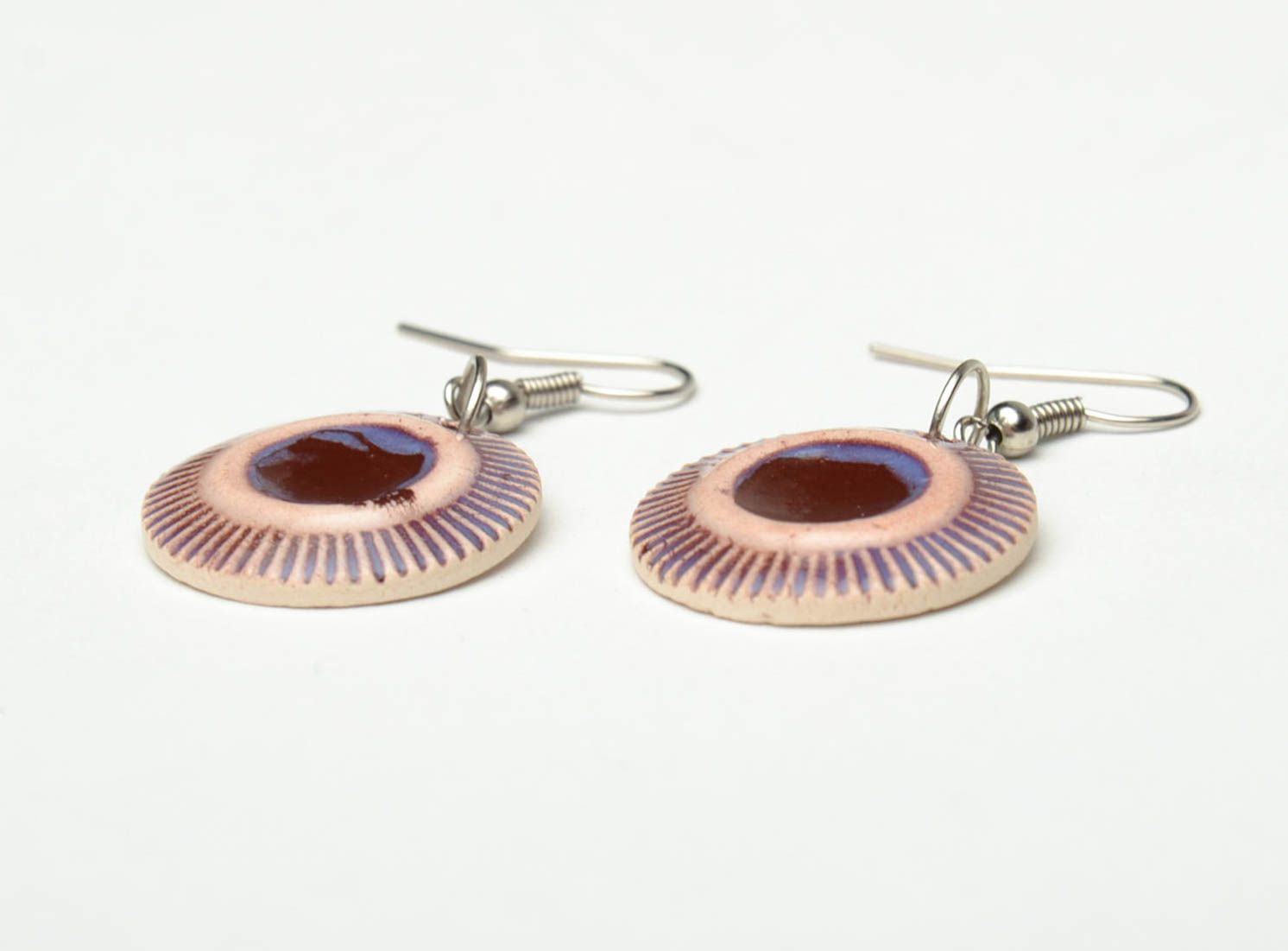 Unusual clay earrings painted with color enamels photo 3