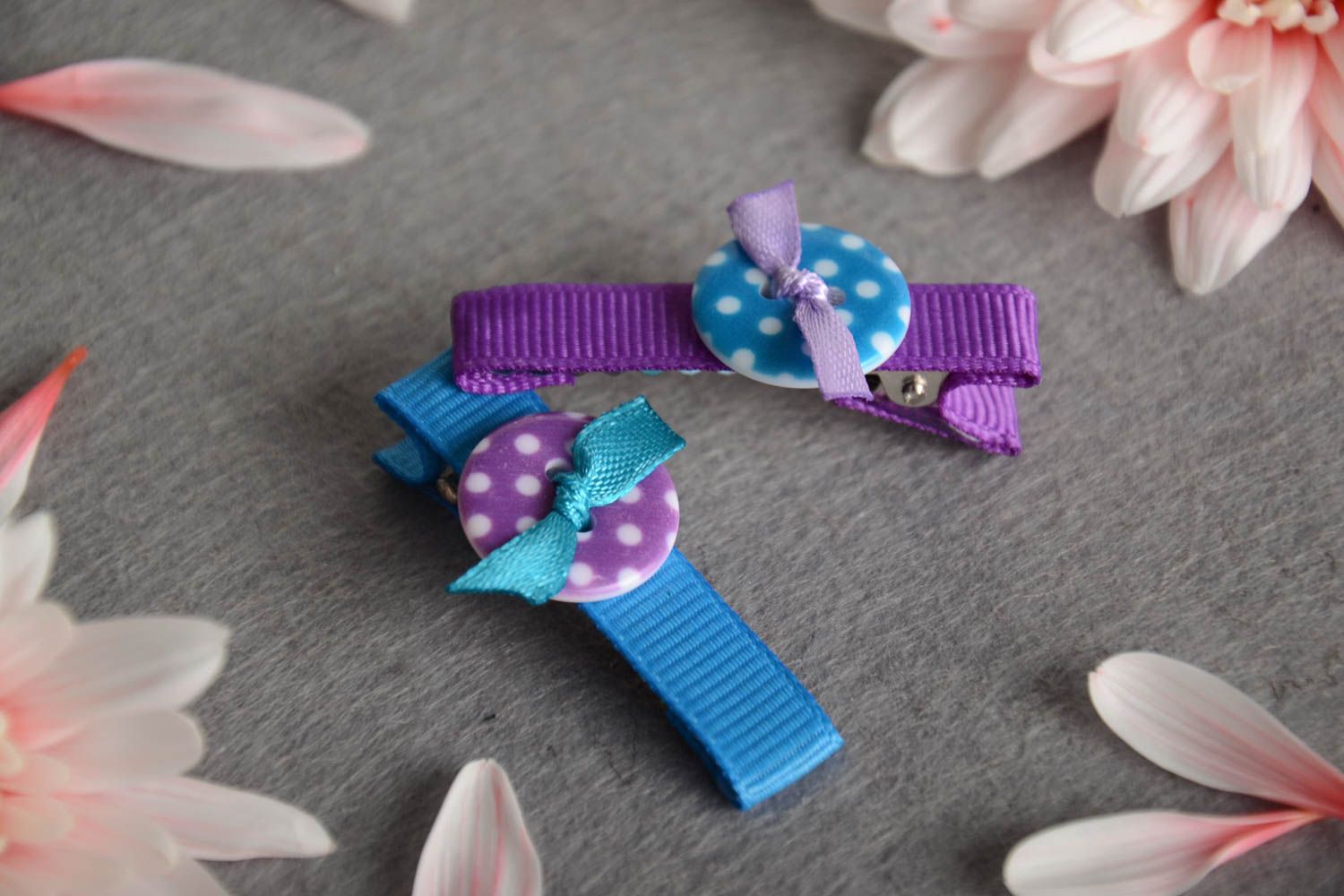 Set of handmade hairpins made of rep ribbons with buttons for children 2 pieces photo 1