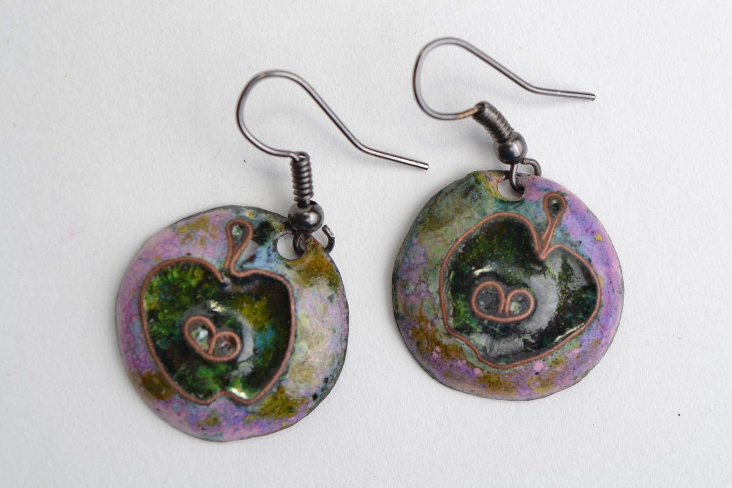 Handmade round violet enameled copper dangling earrings with apples images photo 1