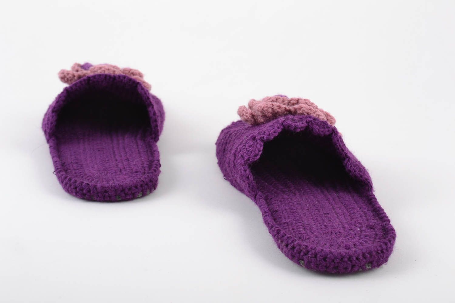 Handmade warm comfortable crochet slippers of violet color with flowers for women photo 4