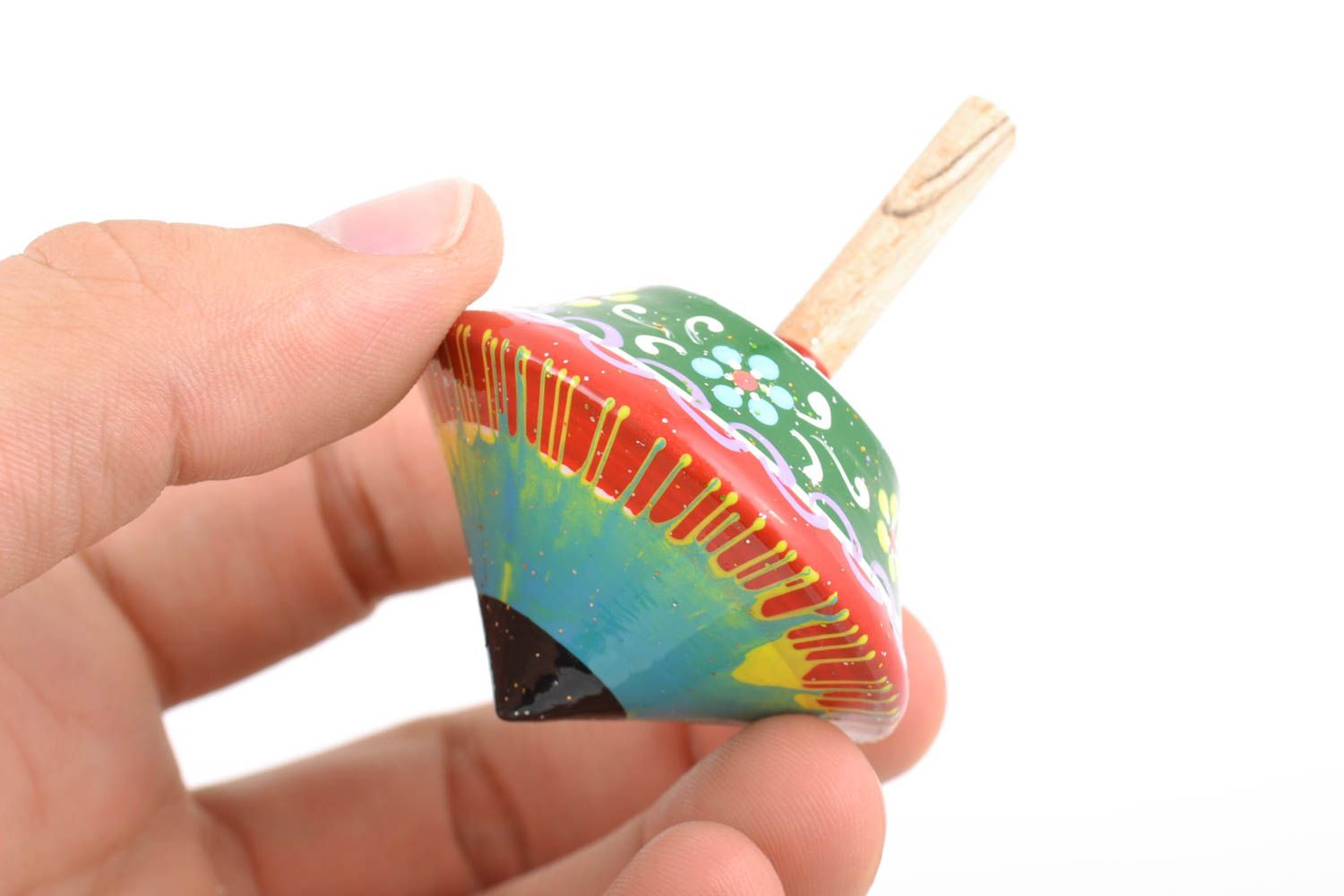 Children's handmade wooden spinning top toy painted with eco dyes photo 5