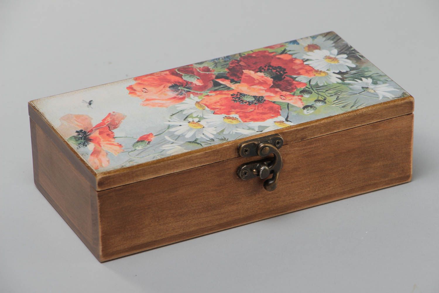 Handmade designer rectangular wooden jewelry box with print on lid Red Poppies photo 4
