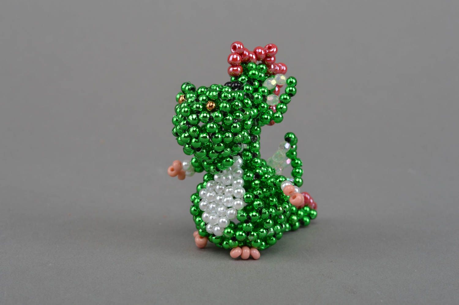Handmade designer miniature bead woven figurine of green dragon for table decor photo 3