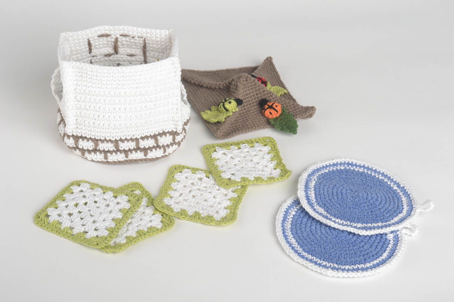 Handmade kitchen accessories set 4 crochet hot pads 2 pot holders teapot cozy photo 4