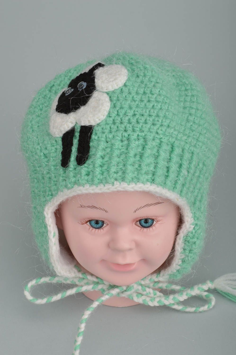 Beautiful handmade woven cap with sheep of mint color made of acrylics for kids photo 3