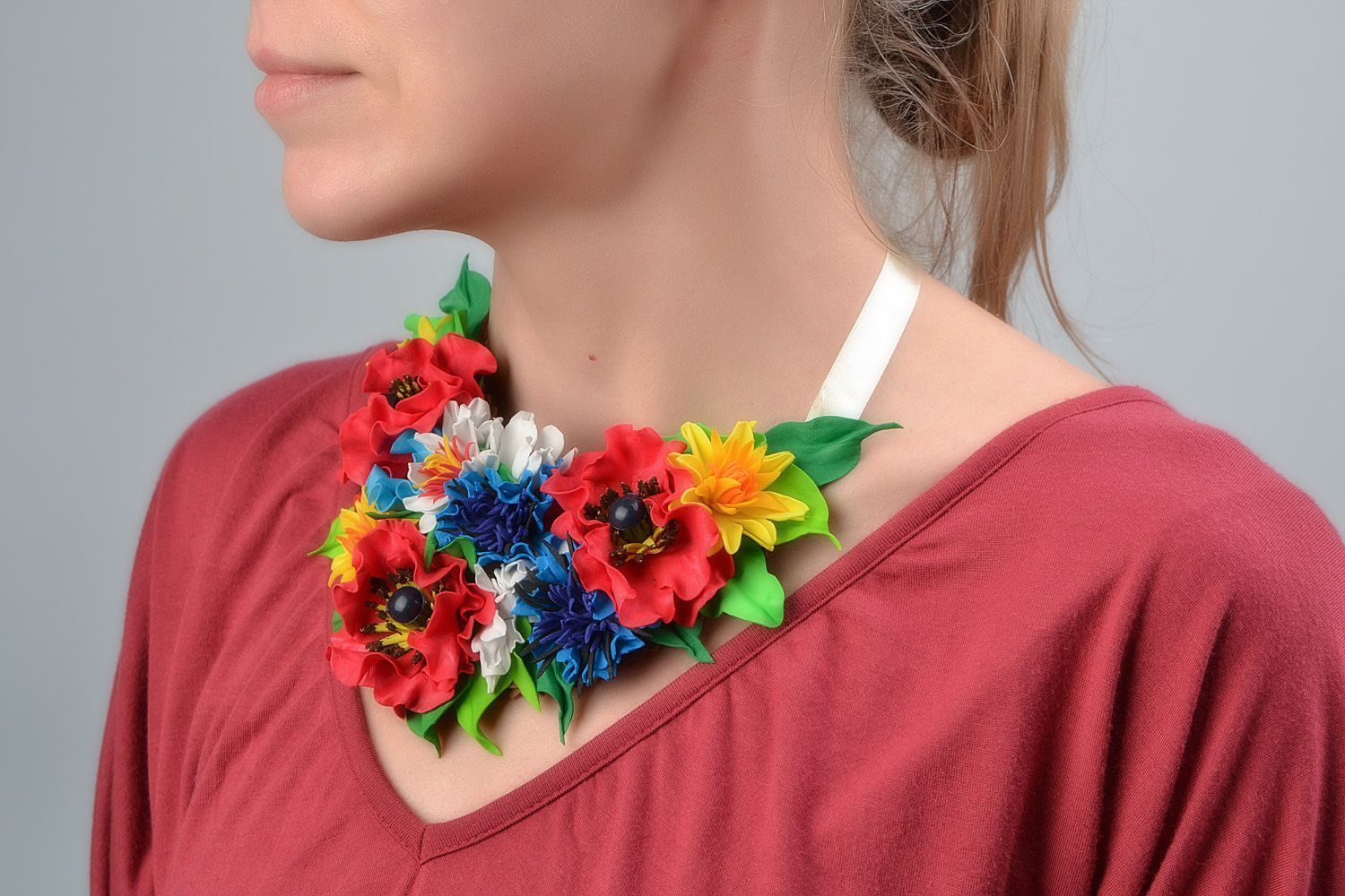 Handmade volume necklace with bright colorful foamiran field flowers on ribbon photo 1