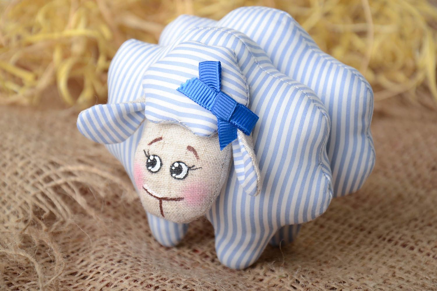 Handmade small soft toy lamb sewn of blue and white striped linen fabric photo 1