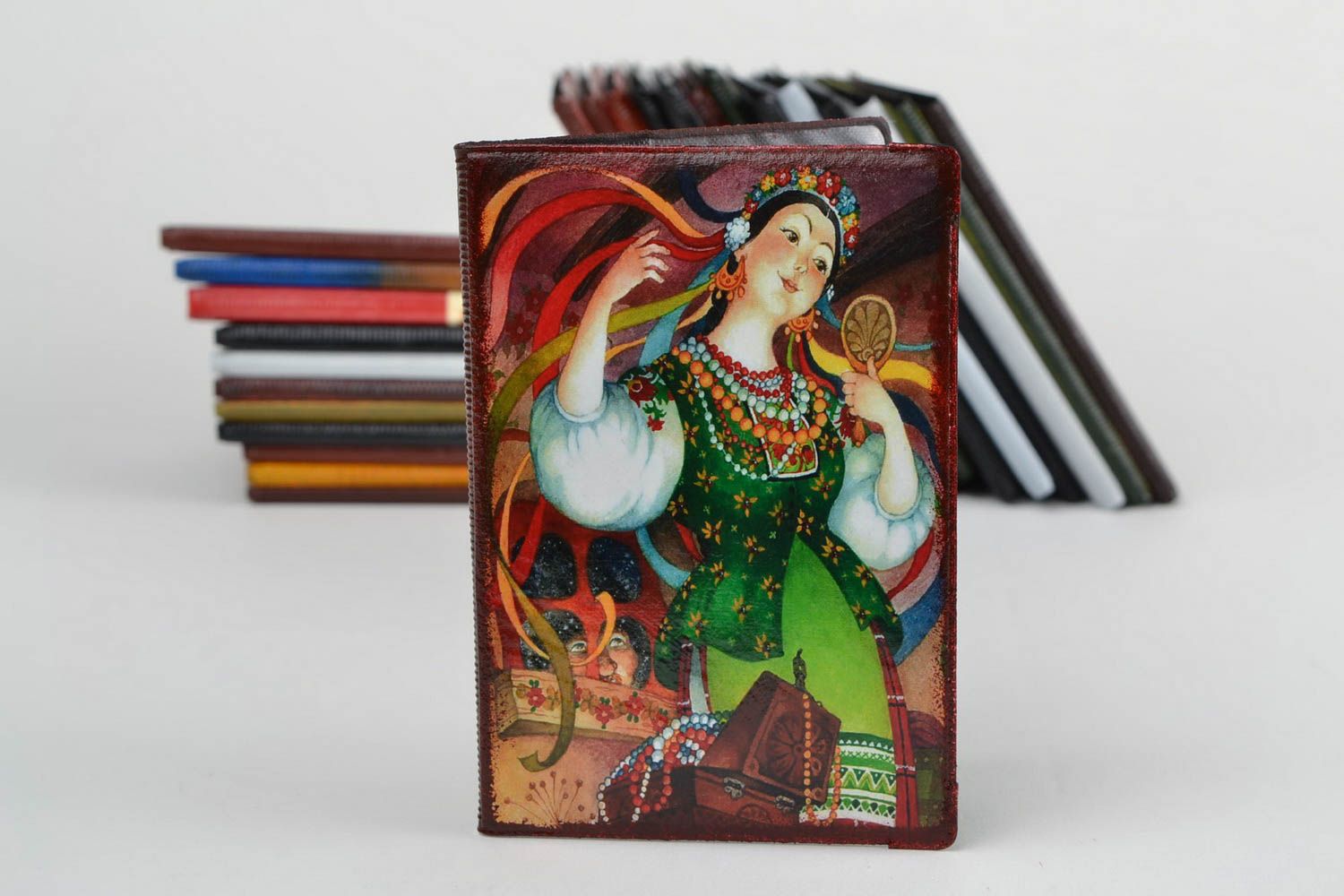 Handmade colorful faux leather passport cover with decoupage Ukrainian Girl photo 1