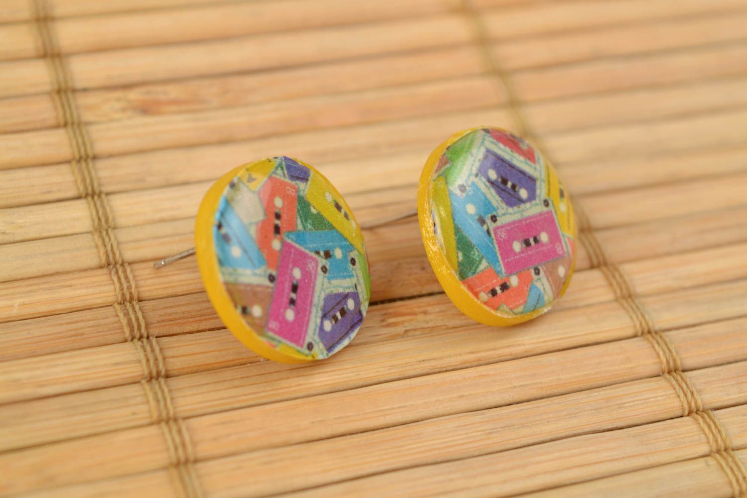 Handmade round polymer clay and epoxy resin stud earrings photo 3