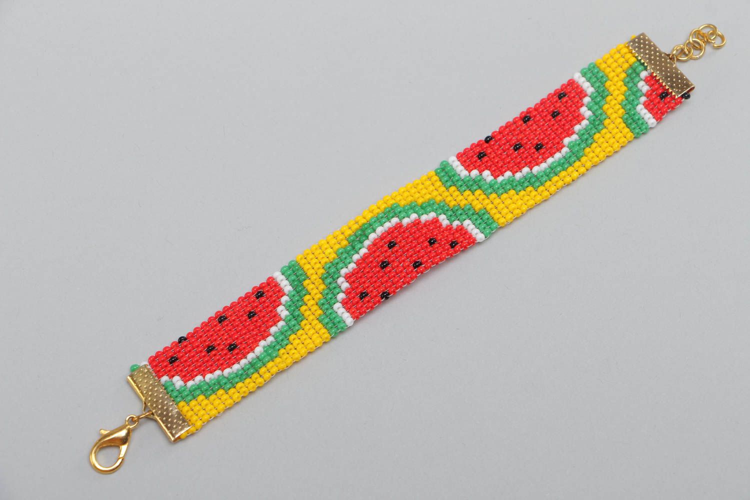 Beaded hand-woven bright bracelet with pattern of yellow watermelon present for girl photo 2