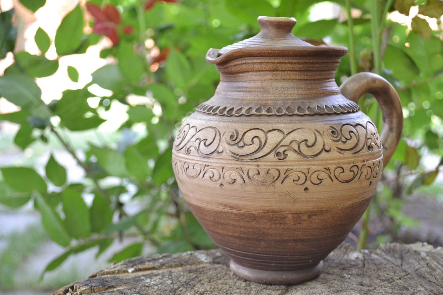 Keramik Krug mit Motiv mit Deckel für Milch Wein Saft 1 L Handarbeit foto 1