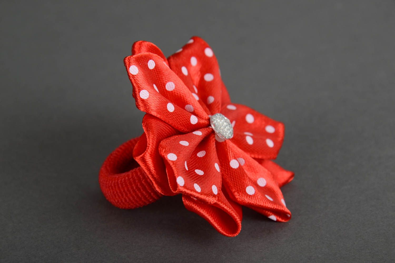 Handmade hair band with satin ribbon red kanzashi flower with cabochon photo 3