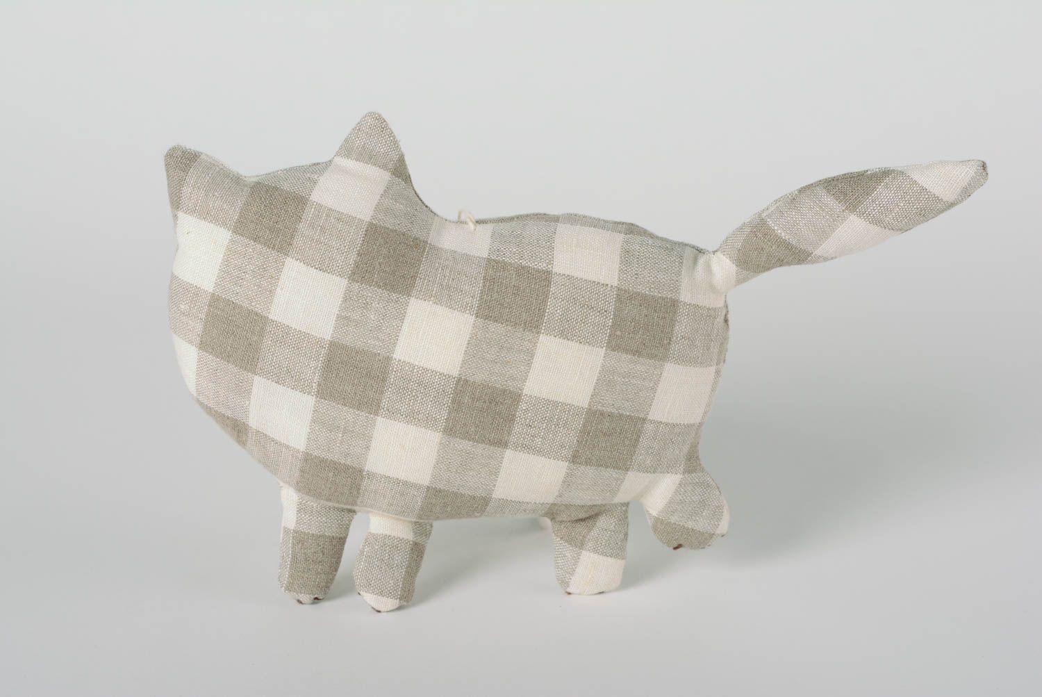 Handmade linen fabric soft toy checkered gray cat for kids and interior decor photo 5