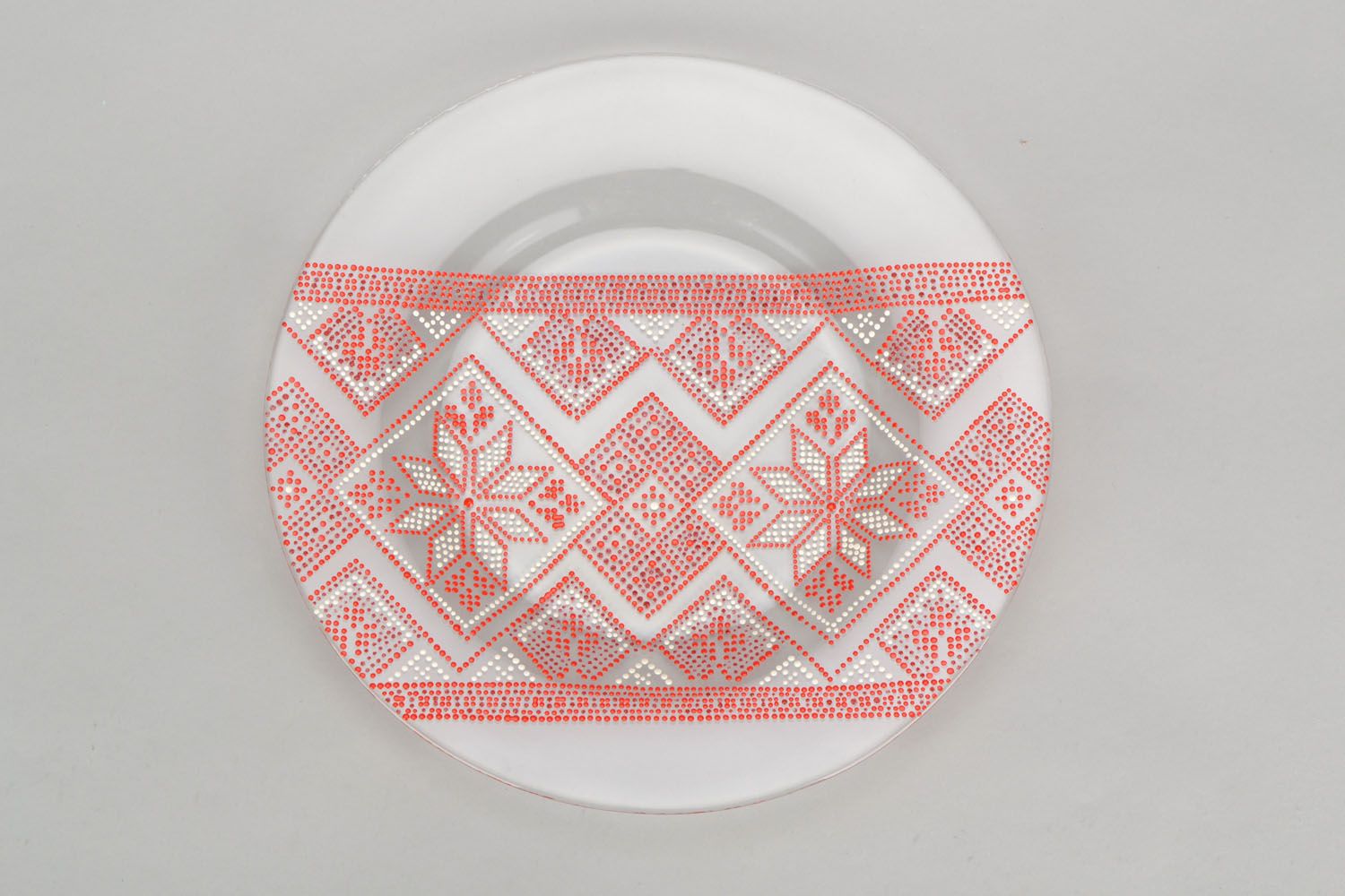 Стеклянная тарелка с росписью Красный орнамент фото 4