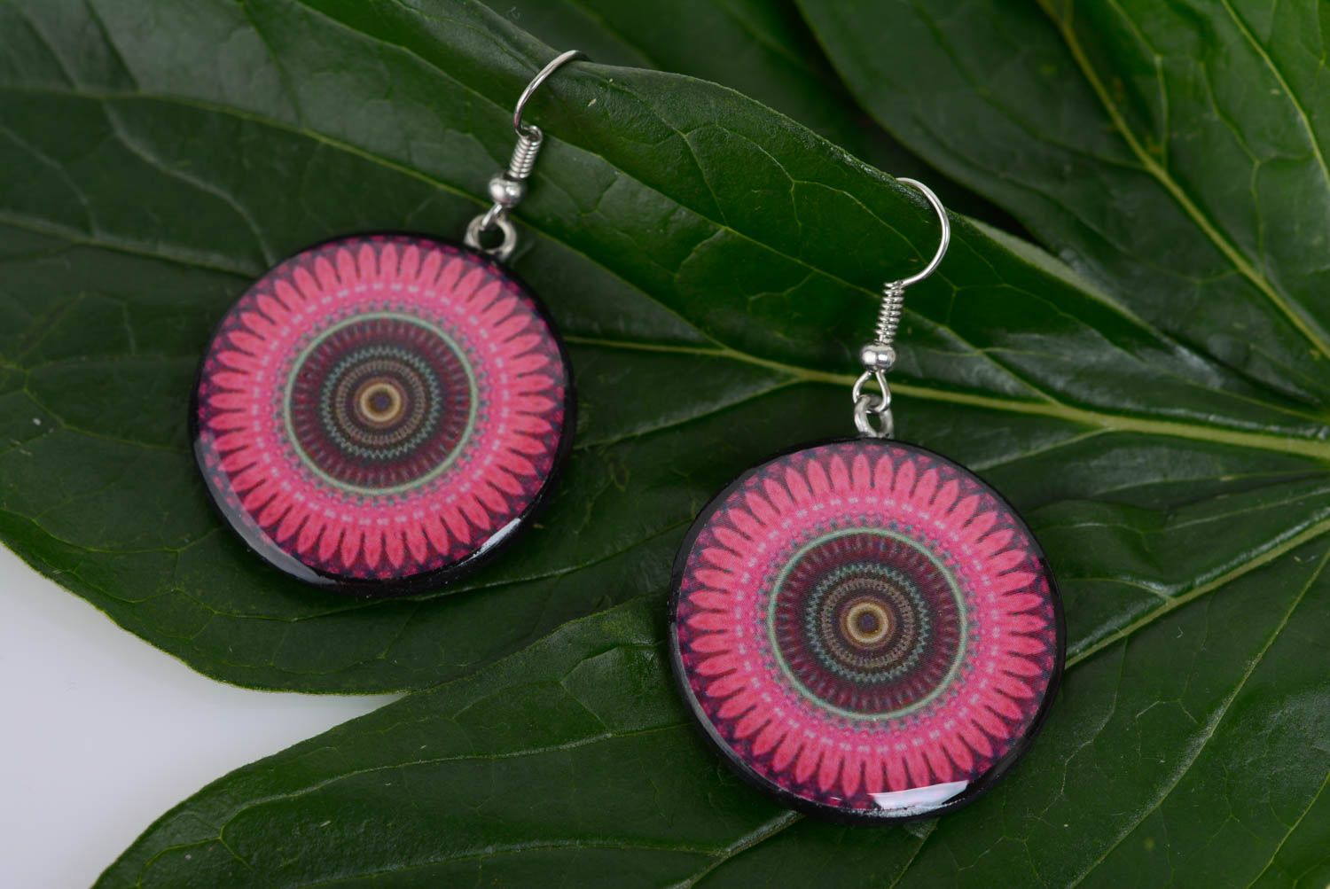 Earrings made of polymer clay with decoupage technique handmade bright pink photo 3