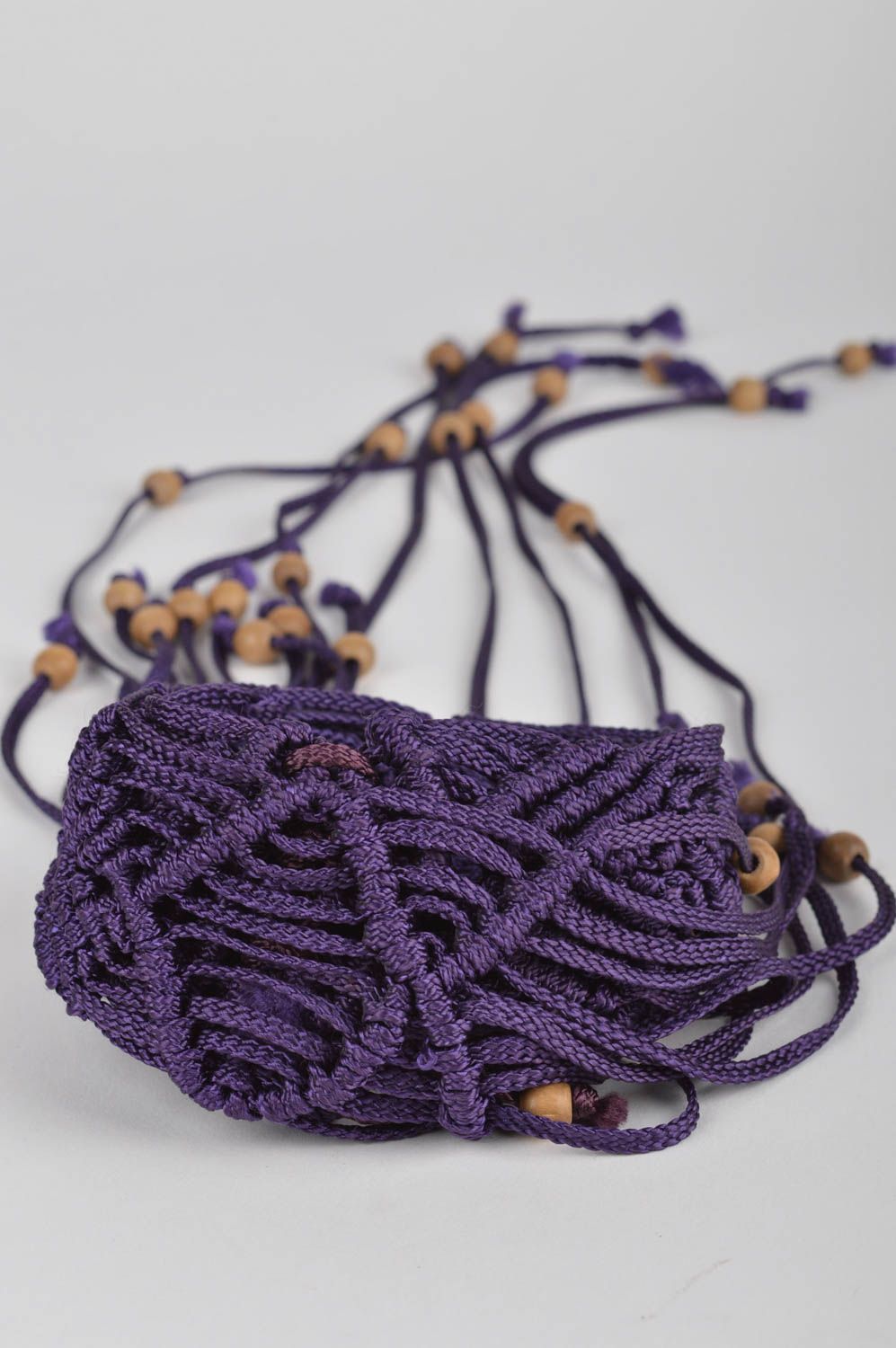 Beautiful homemade designer women's lilac woven cord belt with tassels and beads photo 3