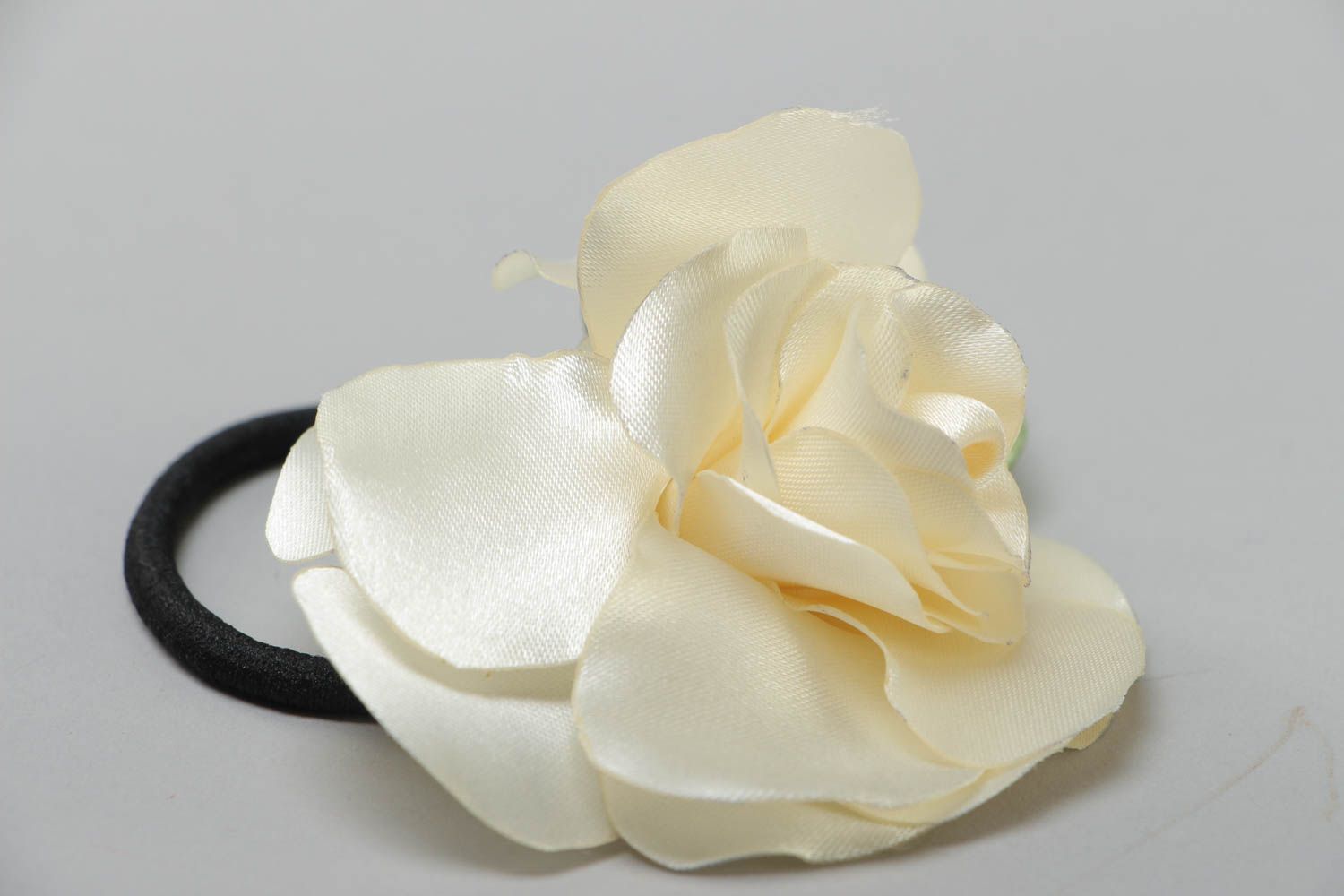 Volume handmade stylish scrunchy with satin ribbon flower White Rose hair accessory photo 3