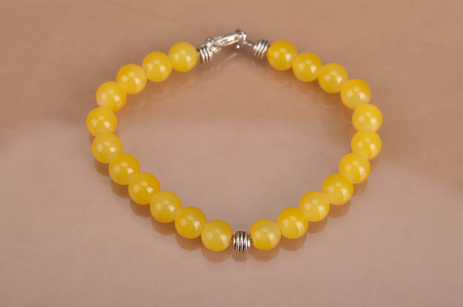Handmade designer women's wrist bracelet with bright yellow neon beads photo 5