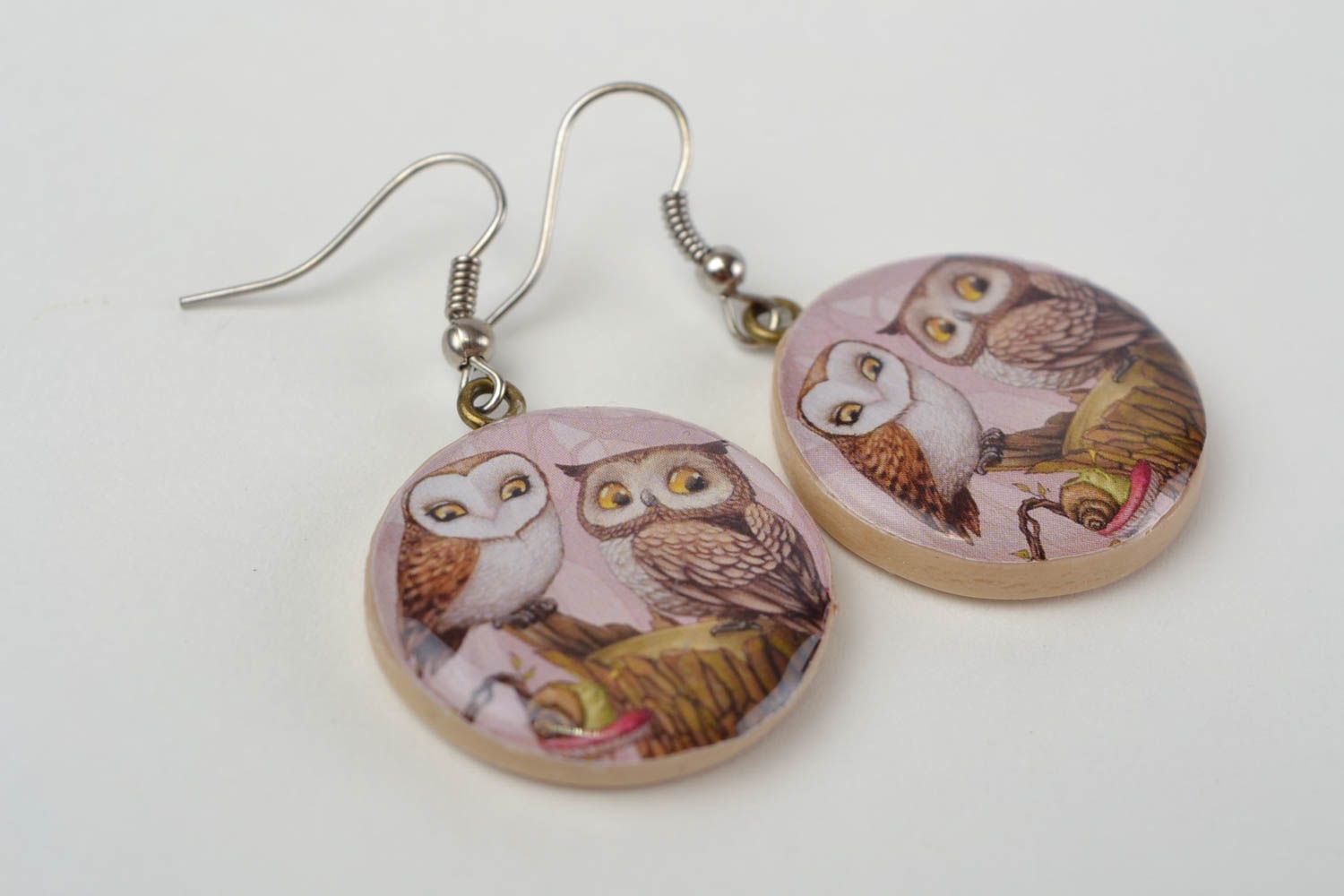 Beautiful handmade round polymer clay earrings with decoupage owls photo 3