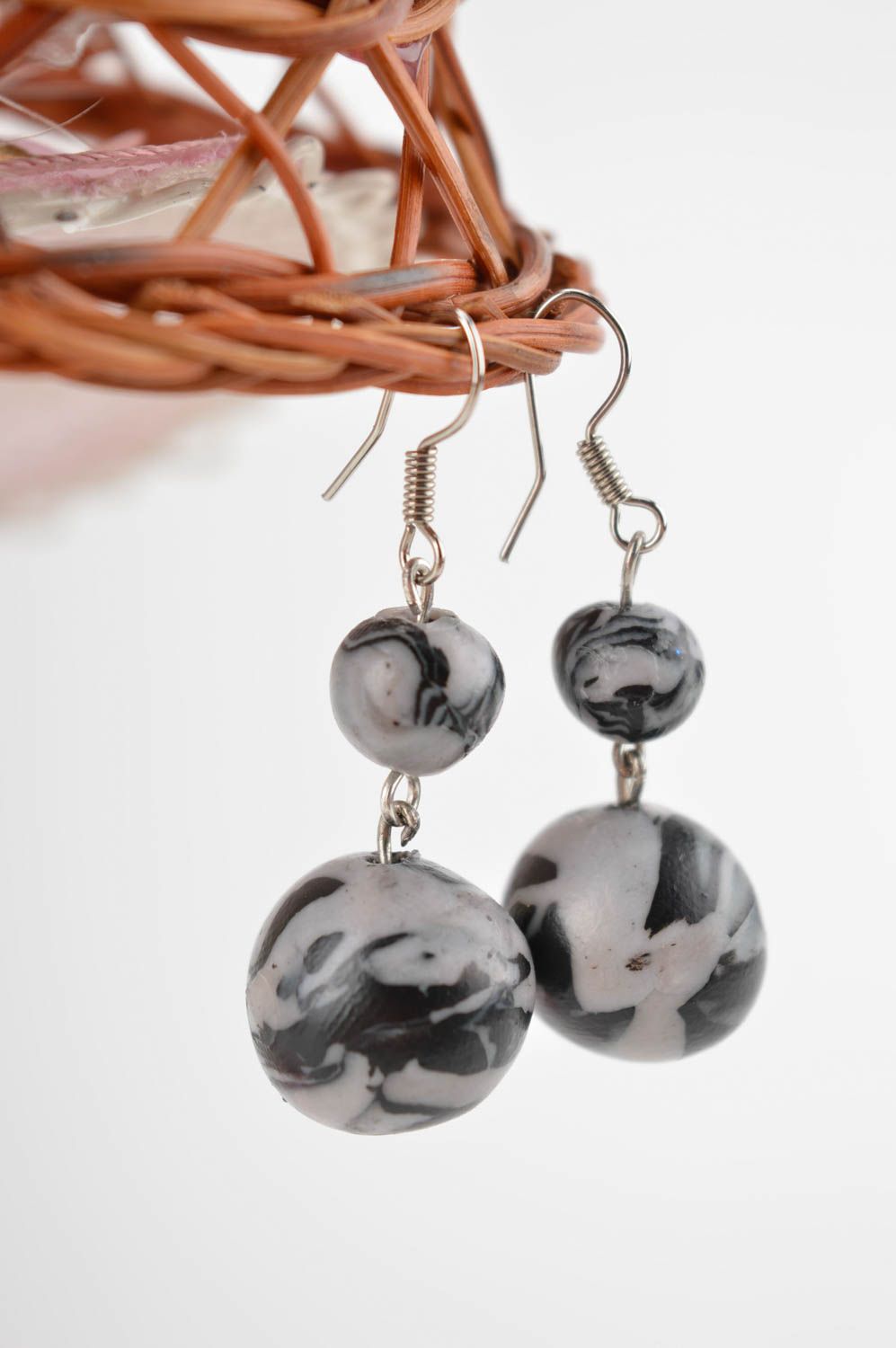 Gray handmade plastic earrings dangle bead earrings artisan jewelry for her photo 1
