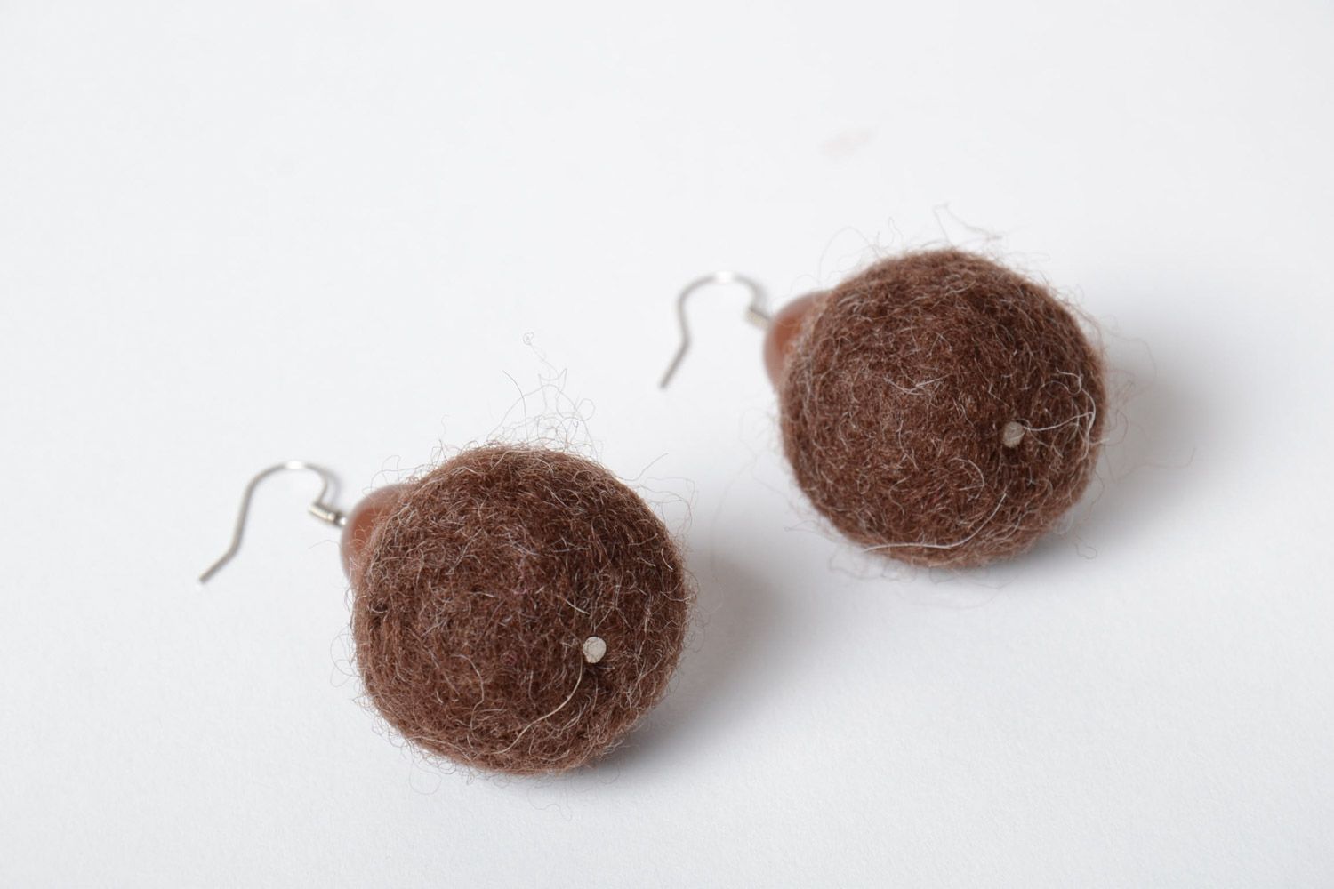 Brown handmade soft felted wool earrings with beads photo 4