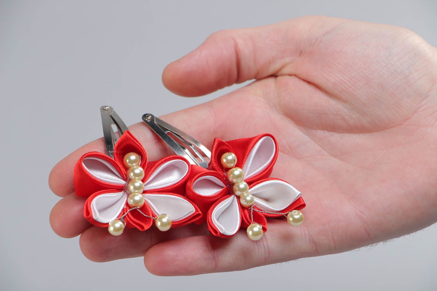 Handmade hairpins made of satin ribbons set of 2 pieces red with white hair accessories photo 5