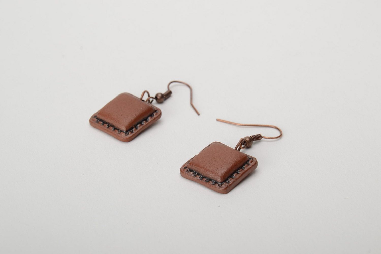 Small handmade square ceramic dangle earrings coated with enamels Chocolate photo 5