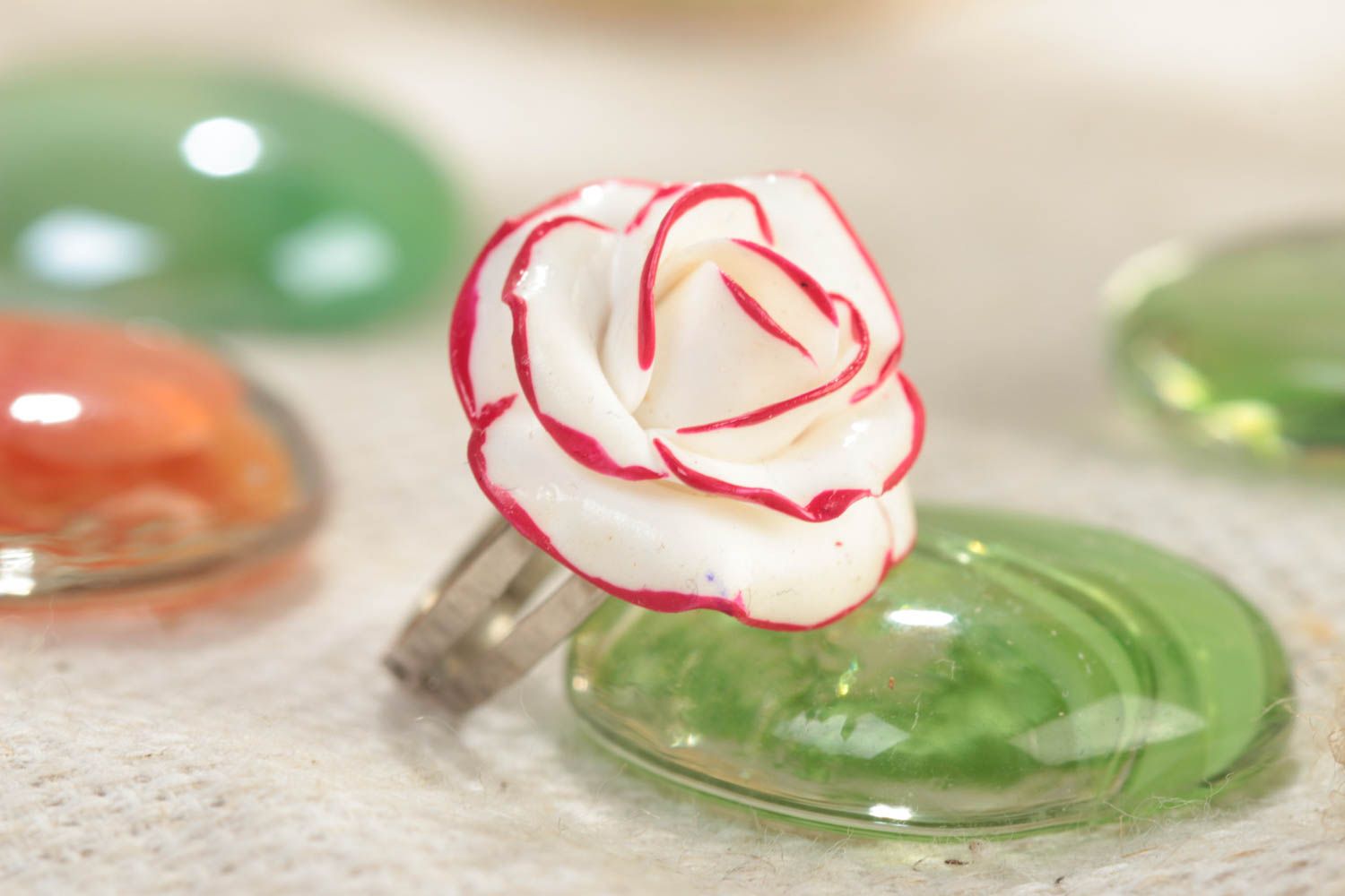 Handmade designer jewelry ring on metal basis with polymer clay white rose  photo 1