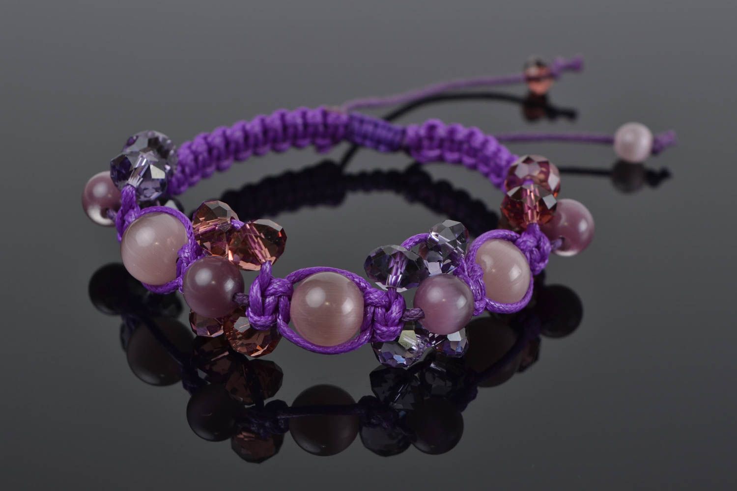 Handmade macrame woven violet cord wrist bracelet with Czech glass beads photo 1