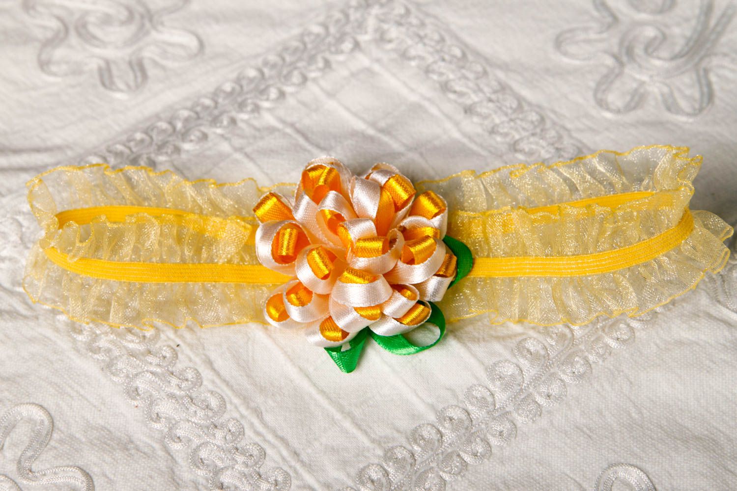 Bandeau cheveux jaune fait main élastique avec fleur kanzashi Cadeau original photo 1