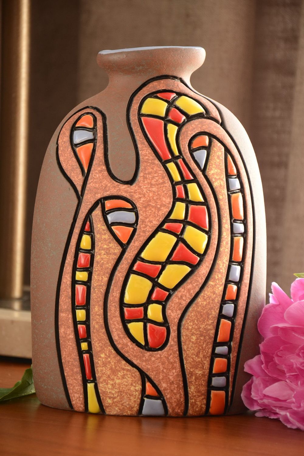 Vase peint de pigments colorés en demi-porcelaine fait main design original 1 l photo 1