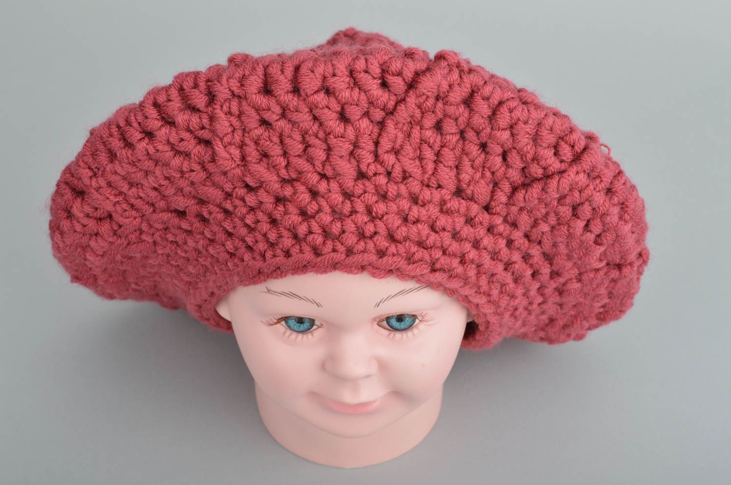 Crocheted handmade beautiful cherry color beret with pompom for children photo 5