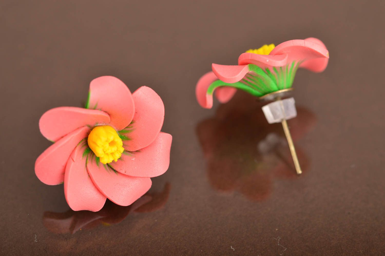 Coralline and yellow stud earrings made of polymer clay in shape of flowers  photo 3