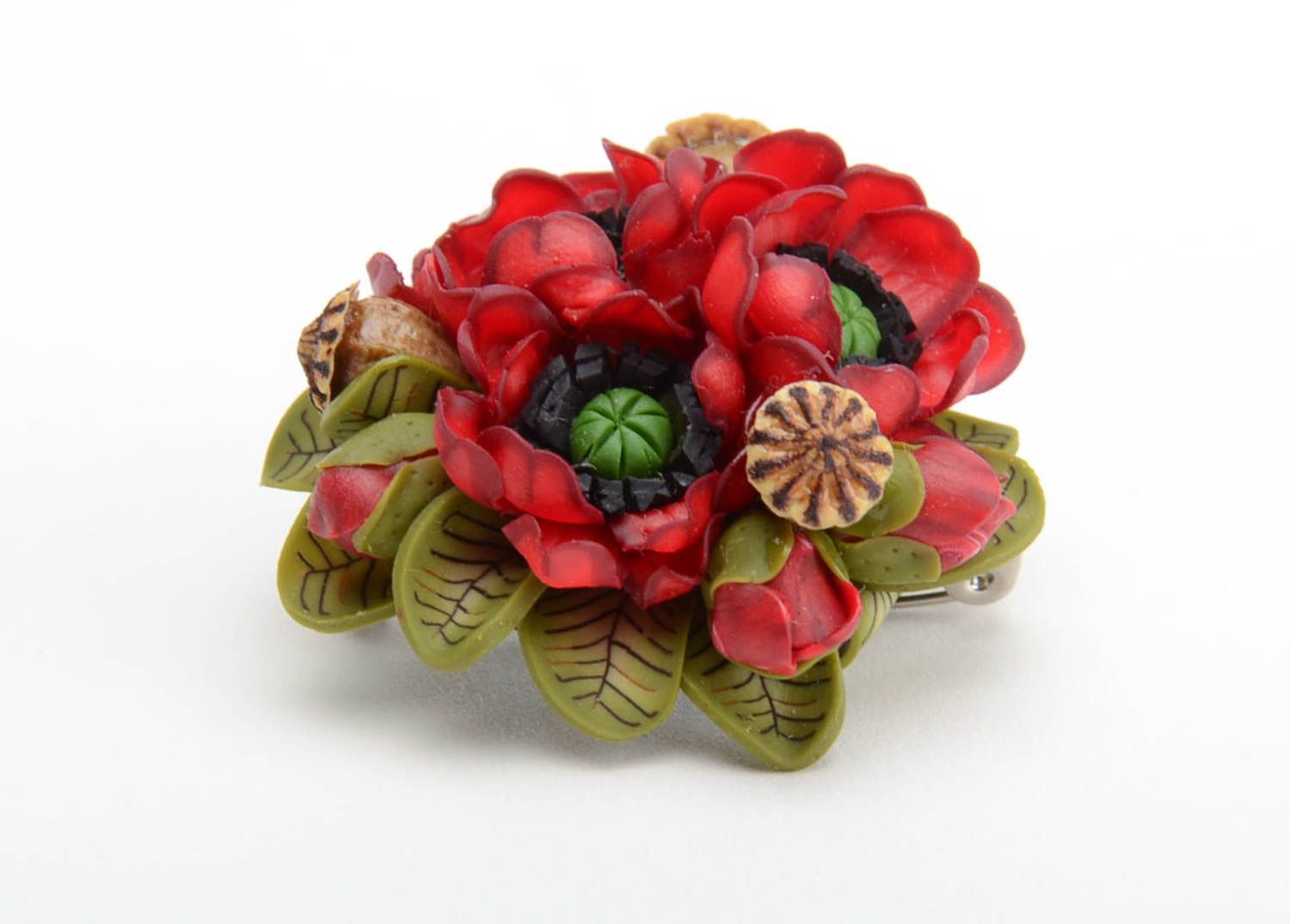 Handmade volume brooch bright red and green polymer clay poppy flowers bouquet photo 2