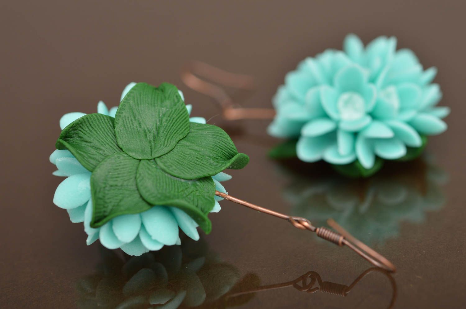 Beautiful handmade earrings made of polymer clay tender blue flowers in bouquet photo 5