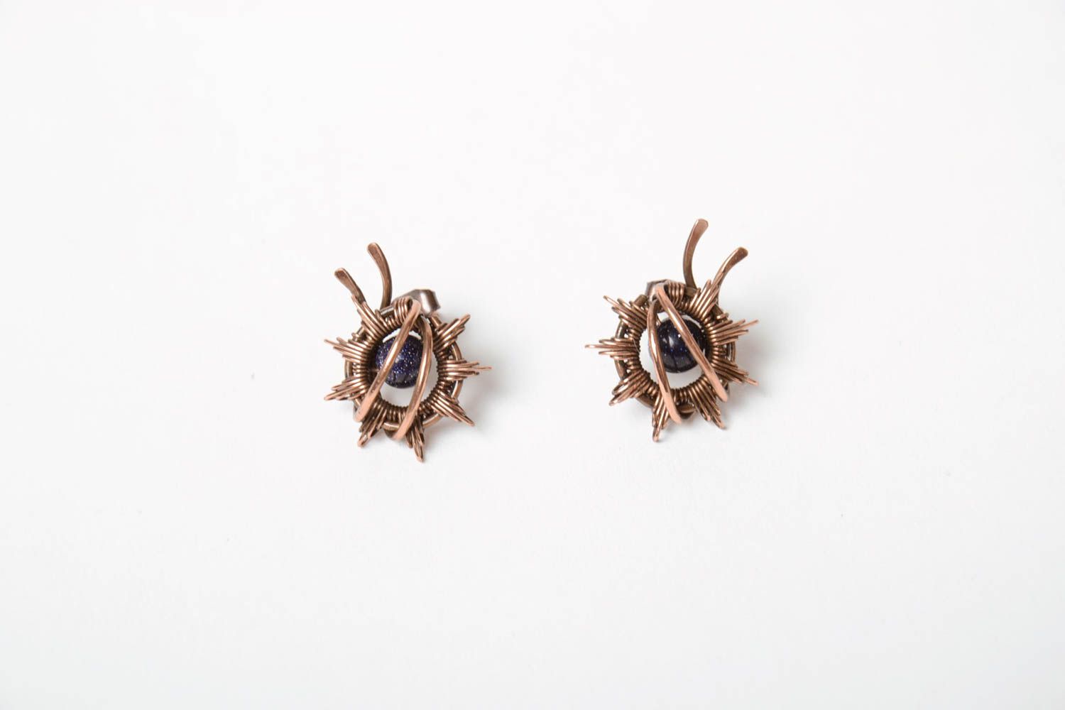 Handmade small wire wrap copper stud earrings with dark aventurine beads photo 5
