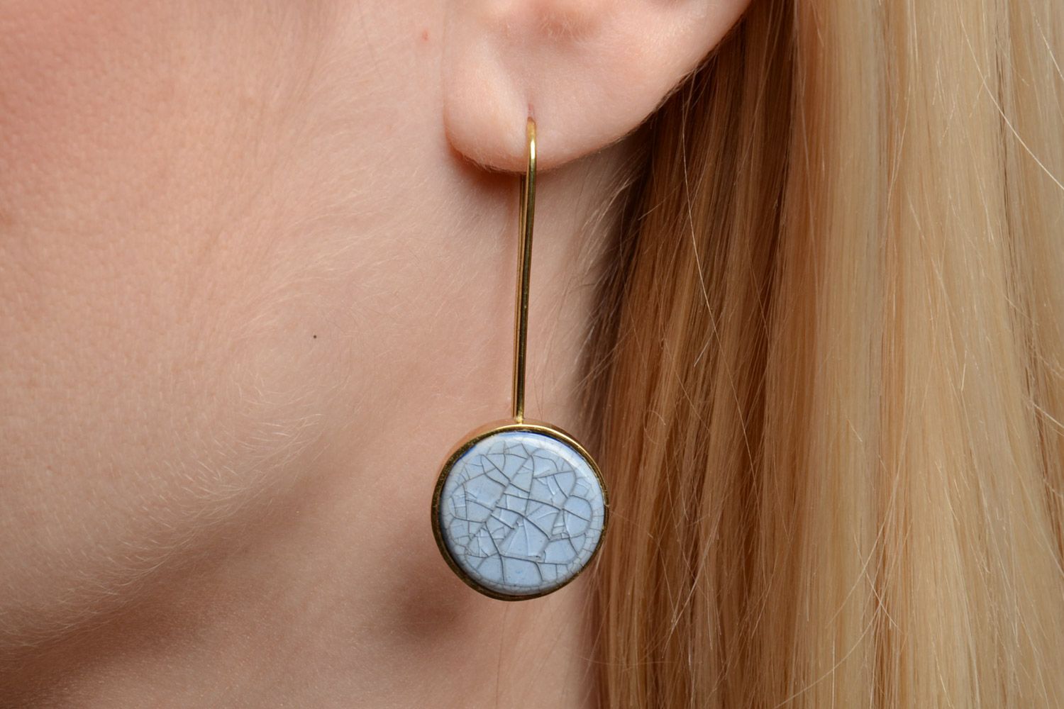 Handmade blue ceramic earrings in brass frame with long ear wires photo 5