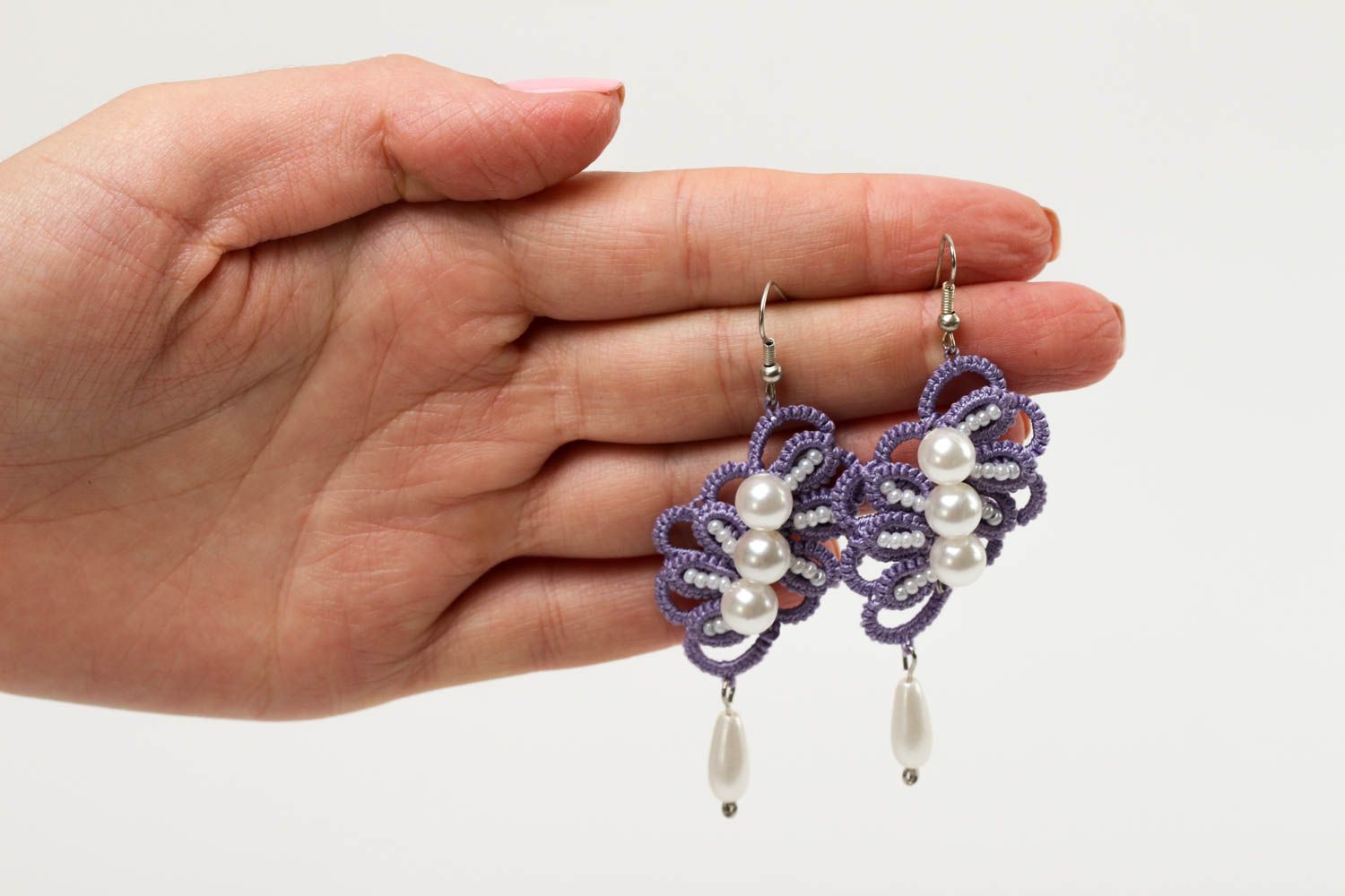 Unusual handmade tatting earrings woven lace earrings handmade accessories photo 5