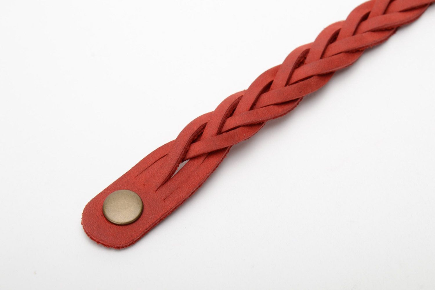 Thin elegant handmade wrist bracelet woven of red genuine leather for women photo 5