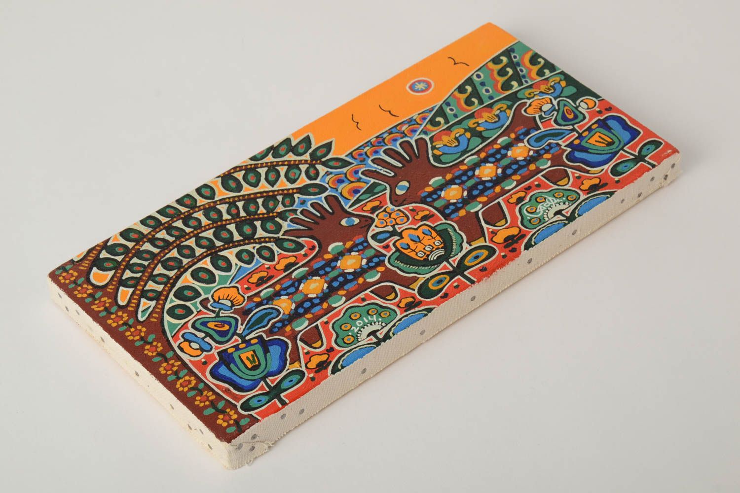 Cuadro étnico pintado al óleo sobre el lienzo artesanal moderno pequeño  foto 2