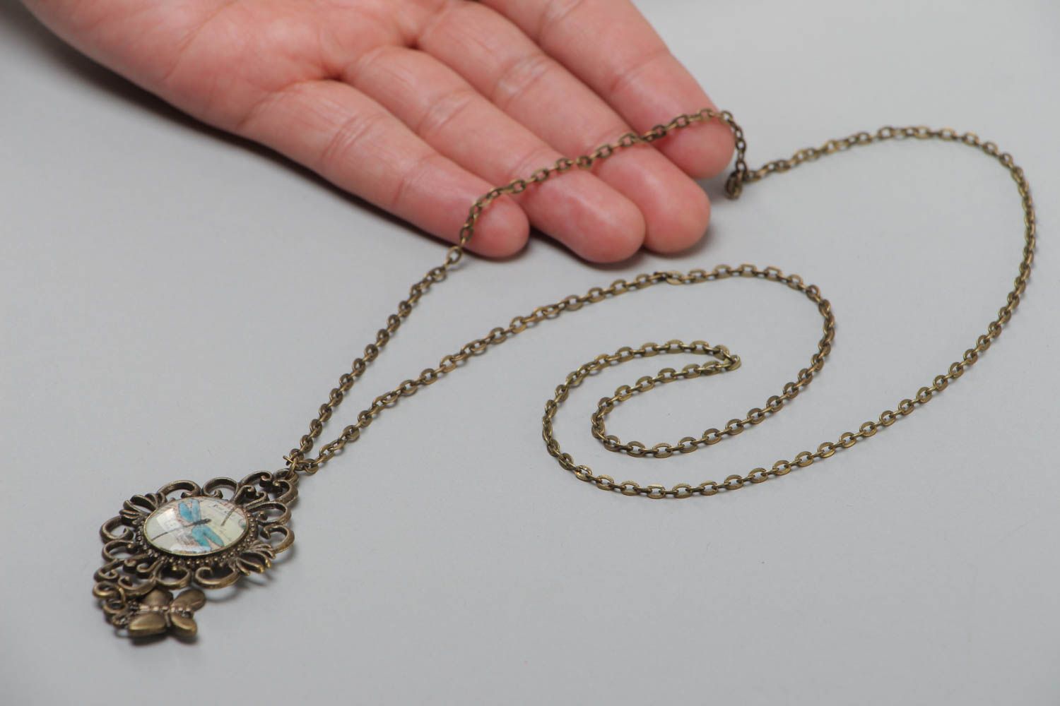 Designer handmade vintage necklace on a long chain with a dragonfly pendal photo 5