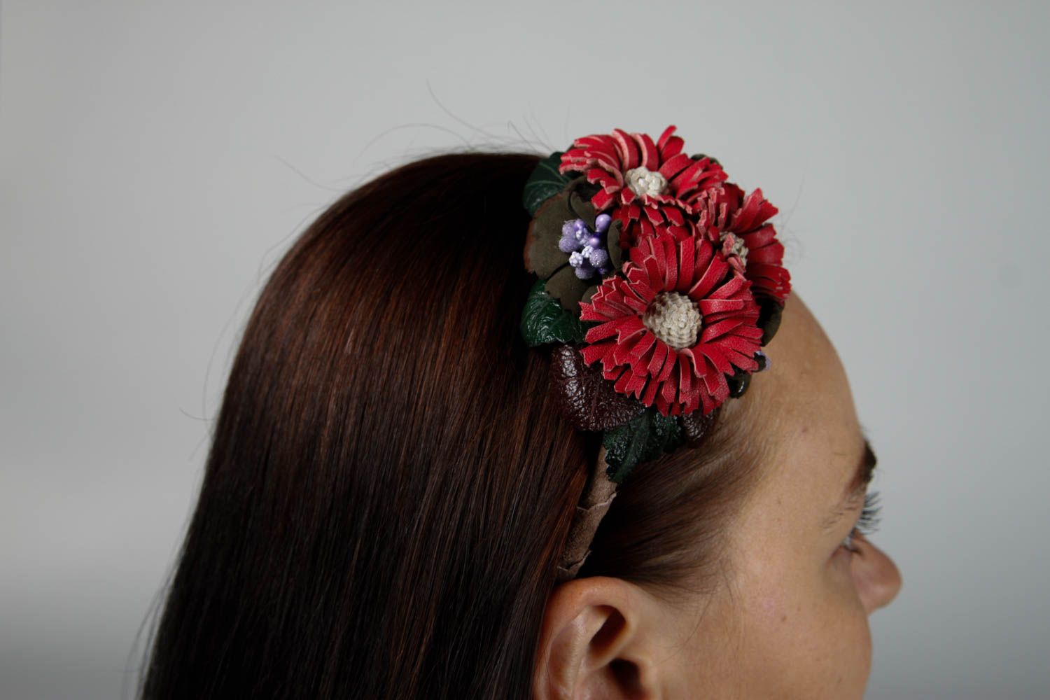 Serre-tête fleurs Accessoire cheveux fait main de cuir naturel Cadeau original photo 2