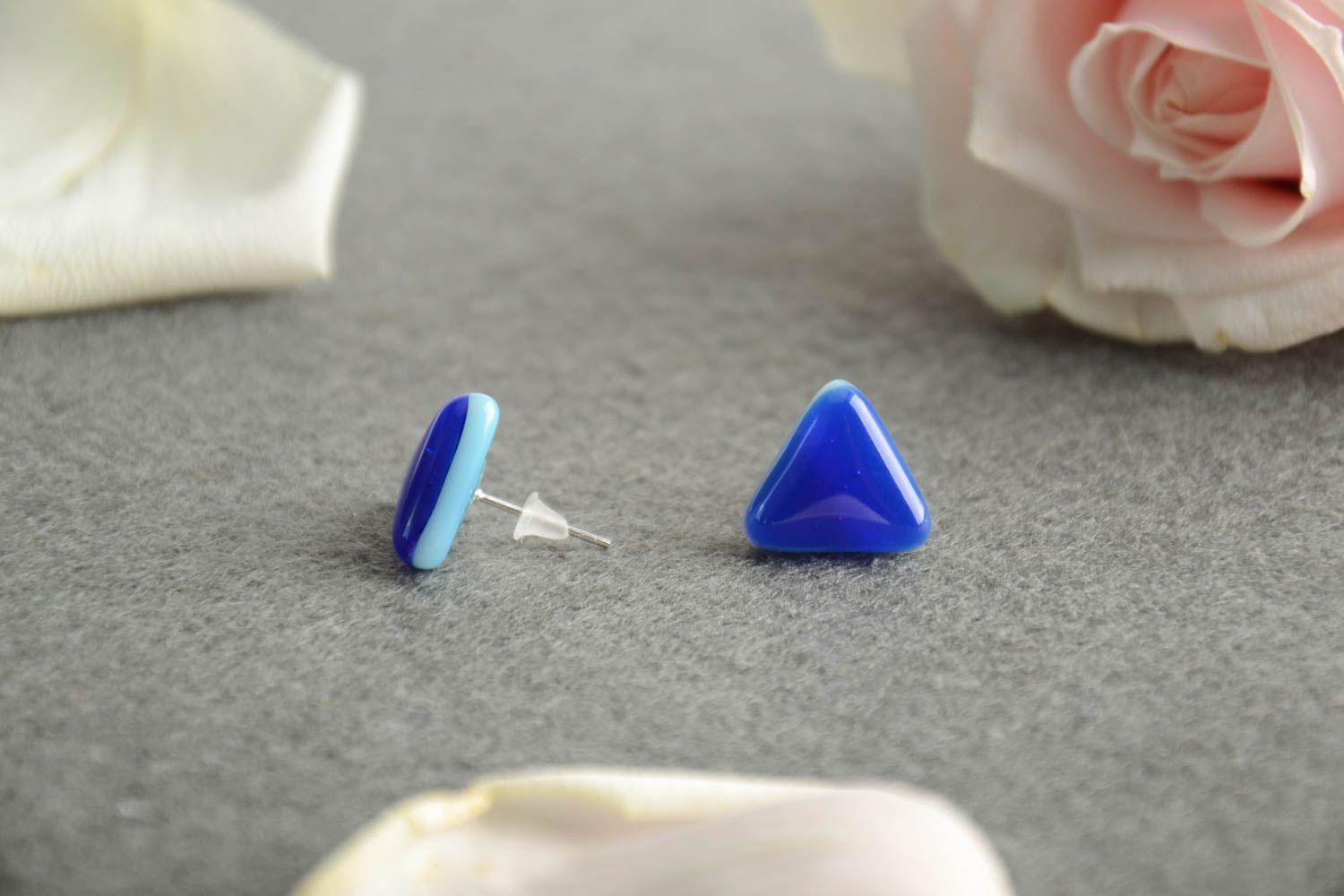 Beautiful earrings made of fusing glass triangular blue female handmade jewelry photo 1